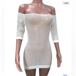 White Seamless Cover Up Fishnet Net Raver Clubwear Tunic Top Mini Dress New O/S